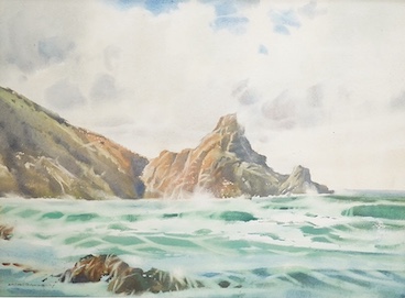 Arthur Royce Bradbury (1892-1977), watercolour, ‘The Canon Rock, Jerbourg Point, Guernsey’, signed, 27 x 37cm. Condition - good